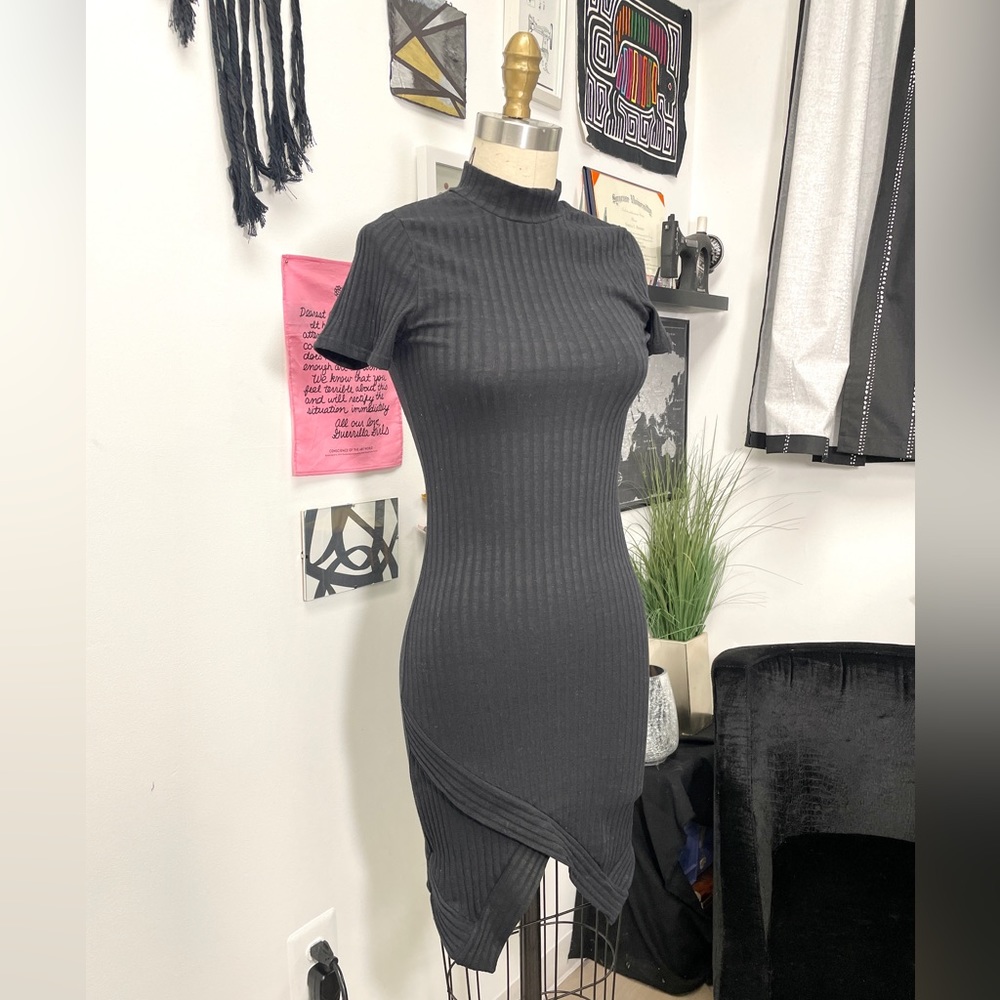 Casual cute little black rib knit mock turtleneck dress with angular hem